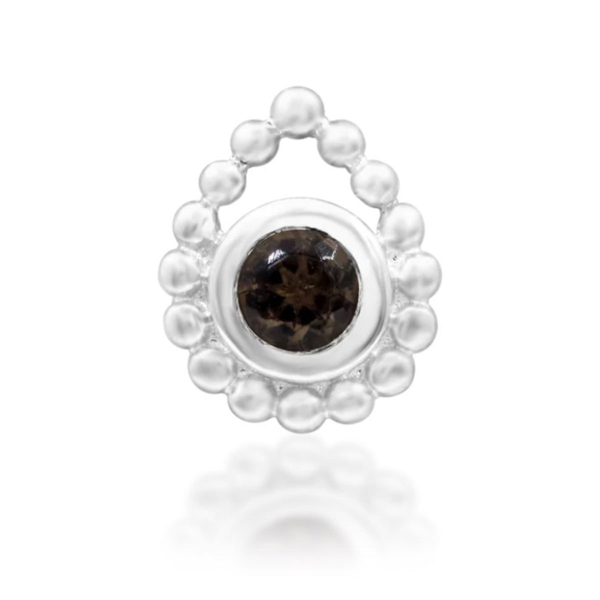 Junipurr Ashai white gold round smoky quartz end with a circular border of polished beads.