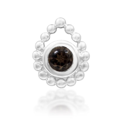 Junipurr Ashai white gold round smoky quartz end with a circular border of polished beads.