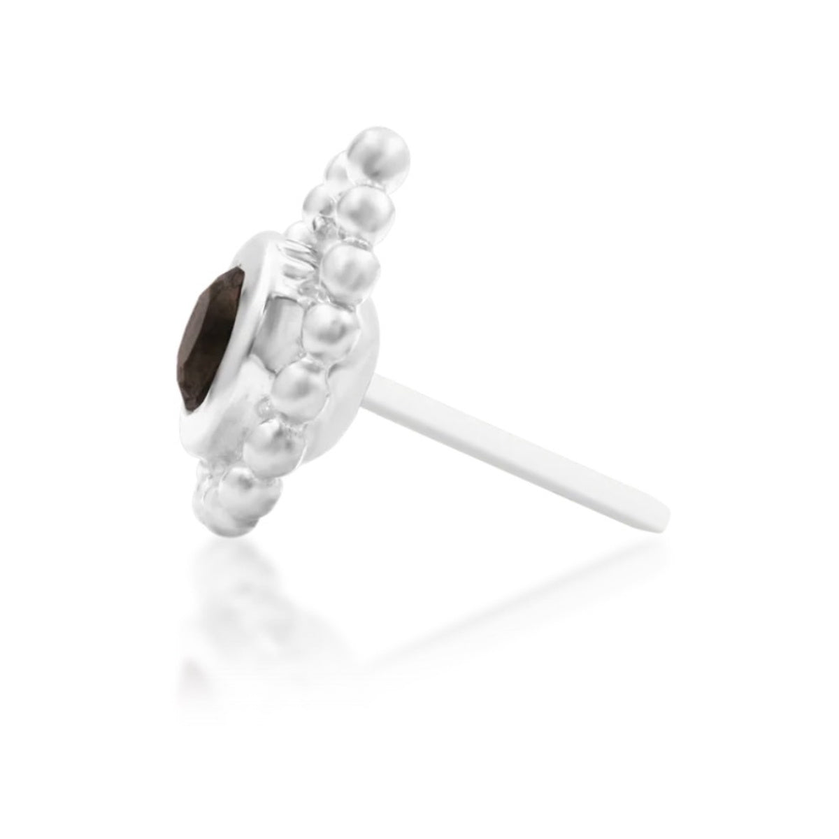 Junipurr Ashai white gold round smoky quartz end shown from the side with its attachment pin.