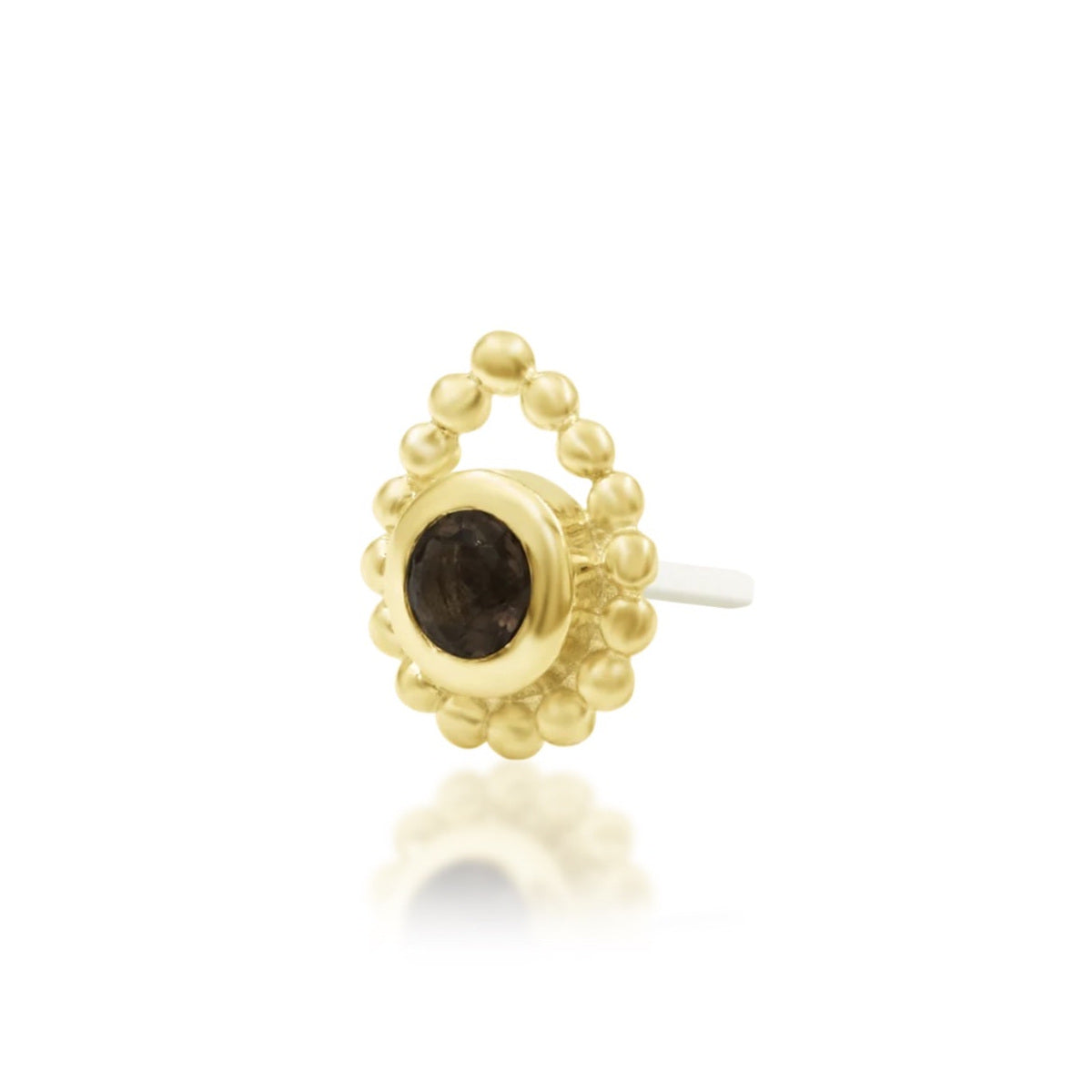 Junipurr Ashai smoky quartz threadless end in 14k yellow gold, angled view