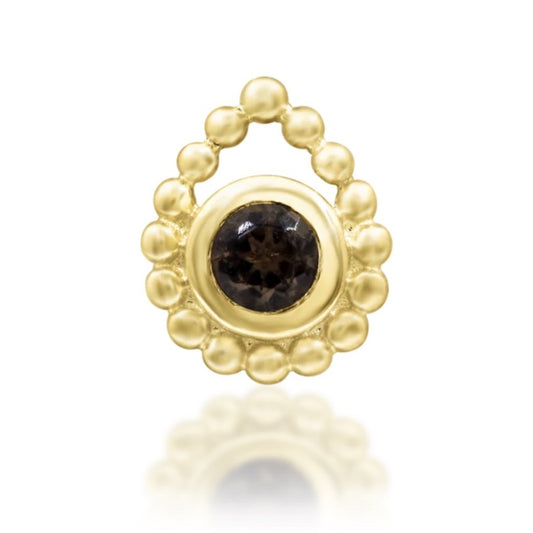 Junipurr Ashai smoky quartz threadless end in 14k yellow gold, front view