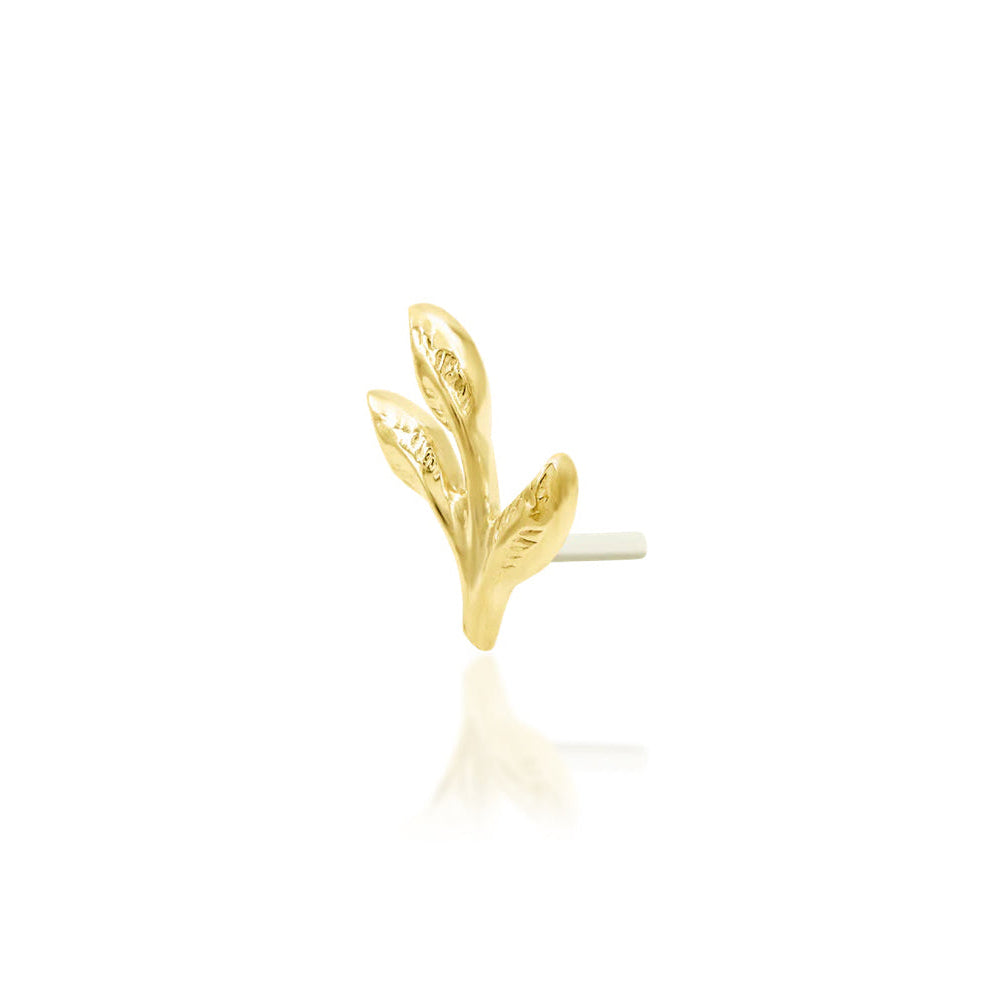 Junipurr Ashe solid 14k yellow gold textured three-leaf threadless end, angled view.