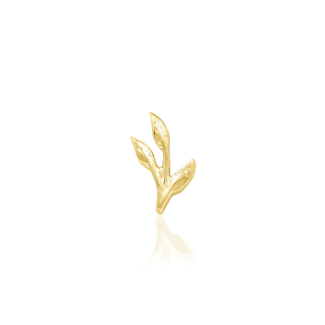 Junipurr Ashe solid 14k yellow gold three-leaf branch threadless end, front view.