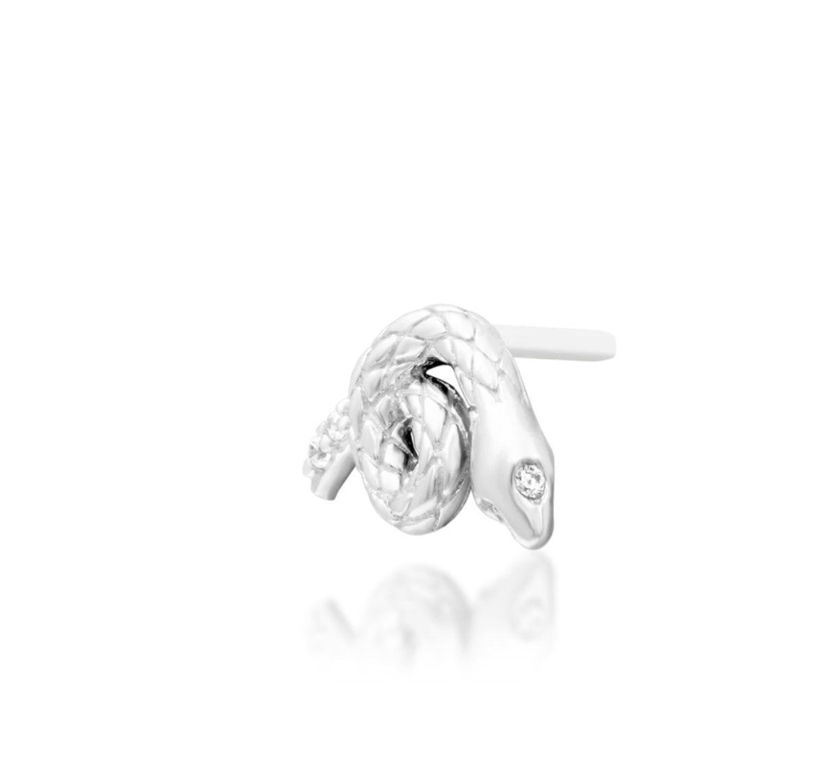 Junipurr Asmodeus solid 14k white gold snake threadless end with White CZ, alternate product view.