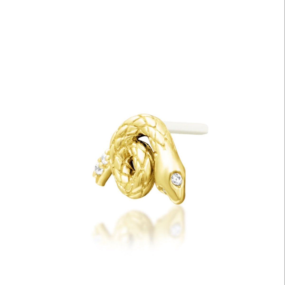 Junipurr Asmodeus solid 14k yellow gold snake threadless end with White CZ, alternate product view.