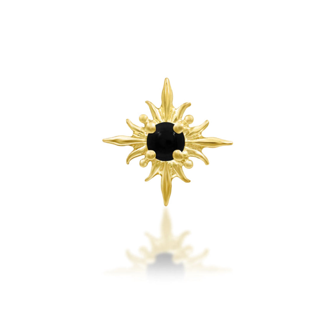 Junipurr Astra black onyx helix stud with flame-like rays in solid 14k yellow gold