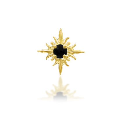 Junipurr Astra black onyx helix stud with flame-like rays in solid 14k yellow gold