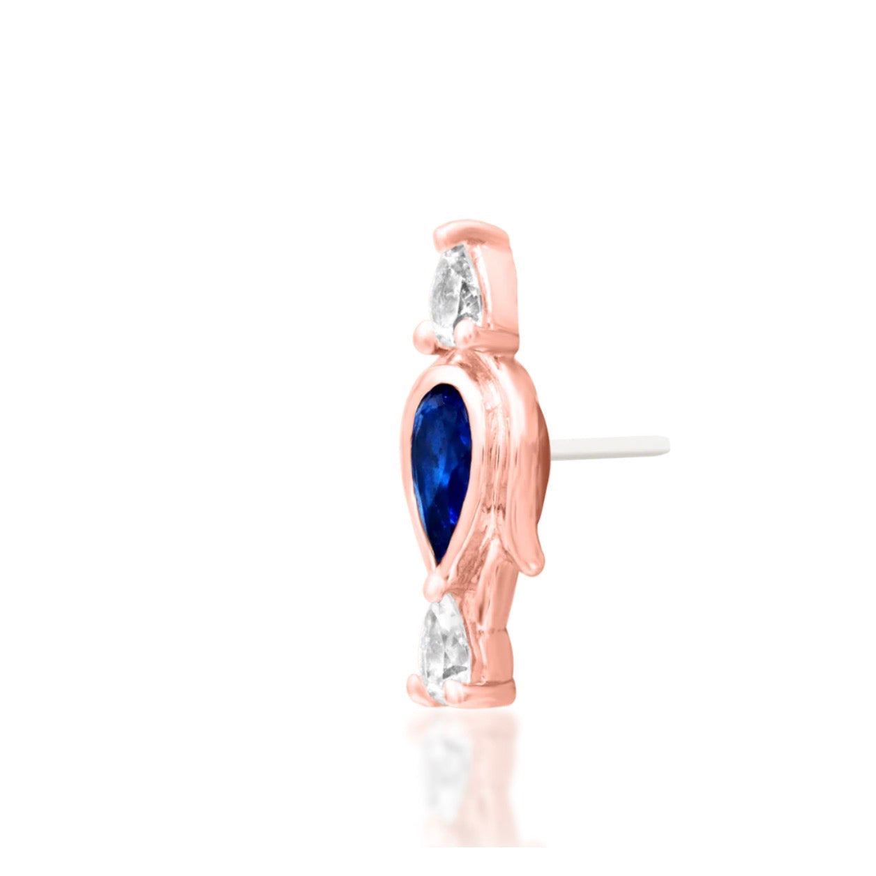 Junipurr Augusta blue cubic zirconia threadless end in 14k rose gold angled view for helix and lobe piercings