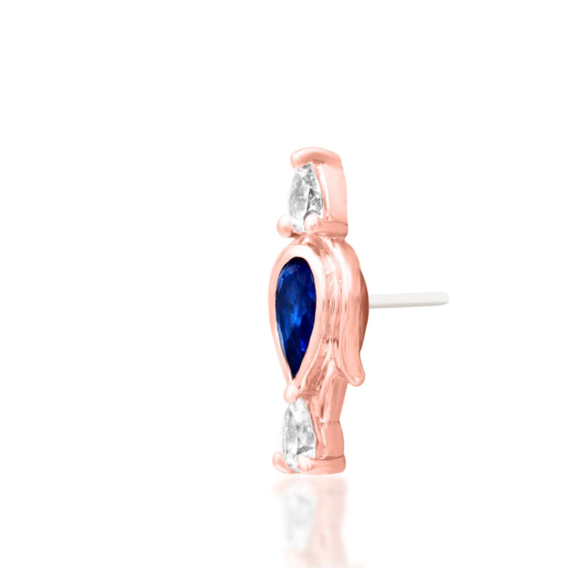 Junipurr Augusta solid 14k rose gold Blue CZ and White CZ threadless end, angled view.