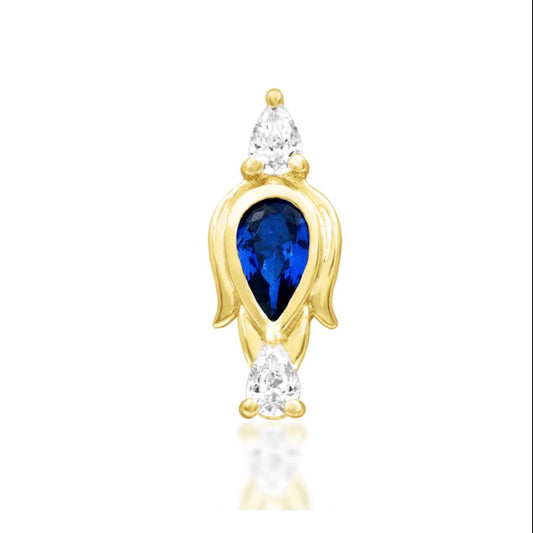 Junipurr Augusta solid 14k yellow gold threadless end with Blue CZ and White CZ, front view.