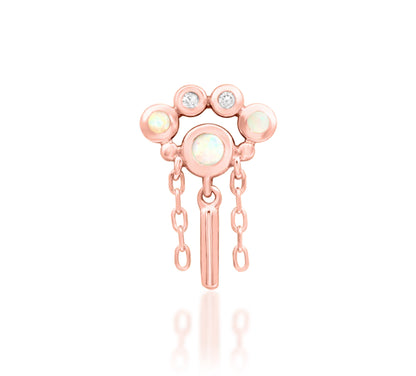 Junipurr Aurora solid 14k rose gold opal threadless end with chain and central bar dangles, front product view.