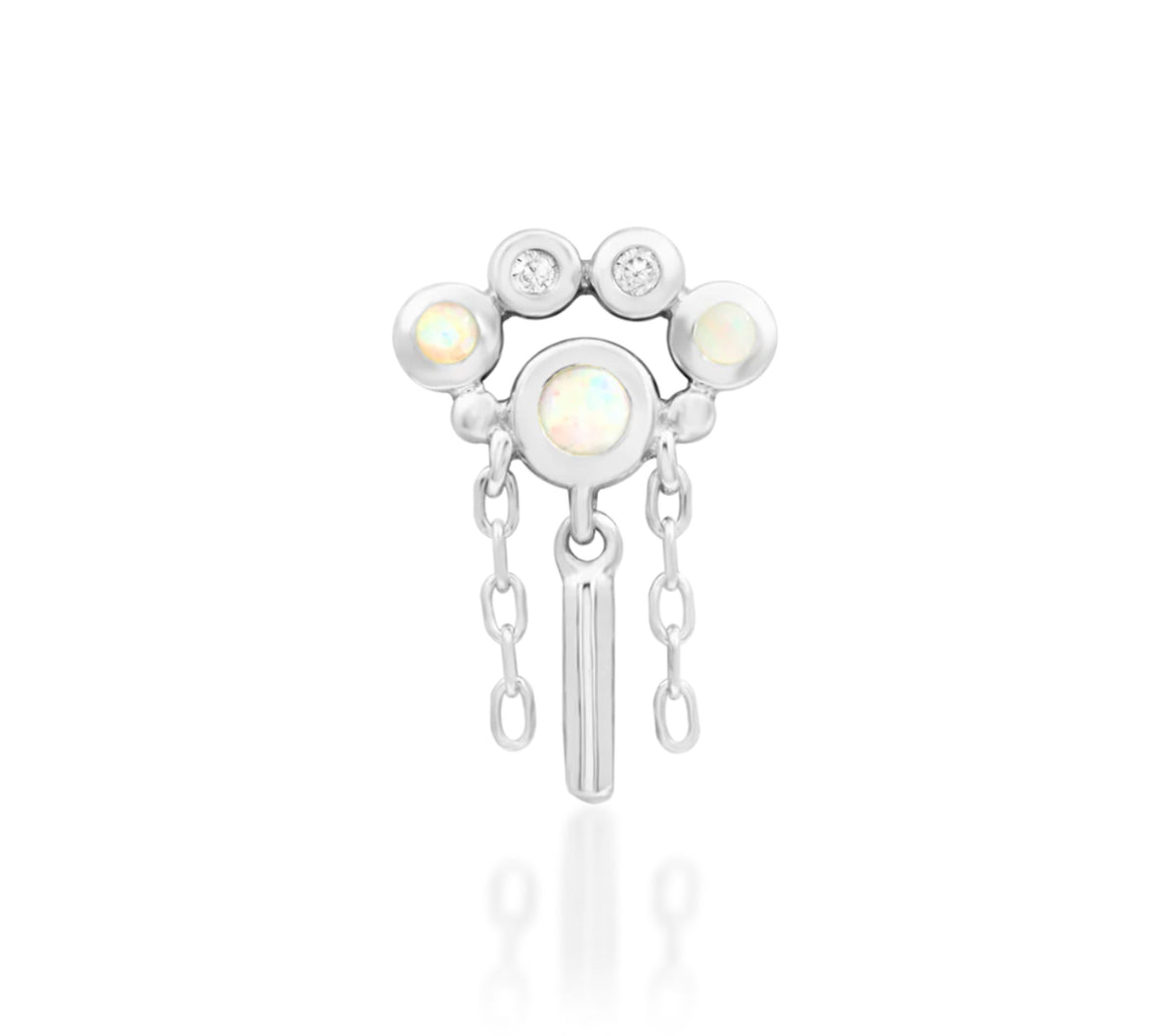 Junipurr Aurora solid 14k white gold opal threadless end with articulated chain drops, front product view.
