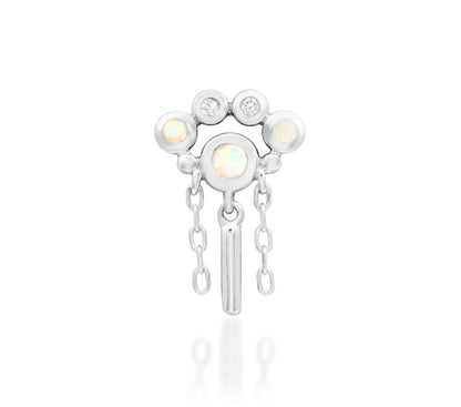 Junipurr Aurora solid 14k white gold opal threadless end with articulated chain drops, front product view.