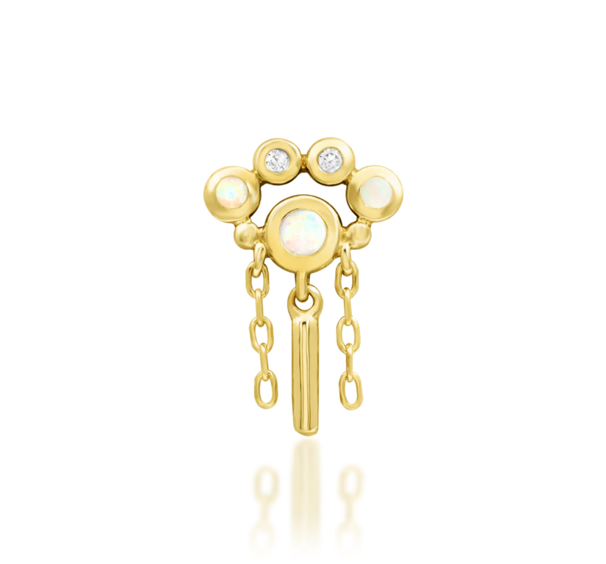 Junipurr Aurora solid 14k yellow gold opal threadless end with chain and bar dangles, front product view.