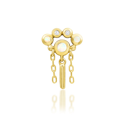 Junipurr Aurora solid 14k yellow gold opal threadless end with chain and bar dangles, front product view.