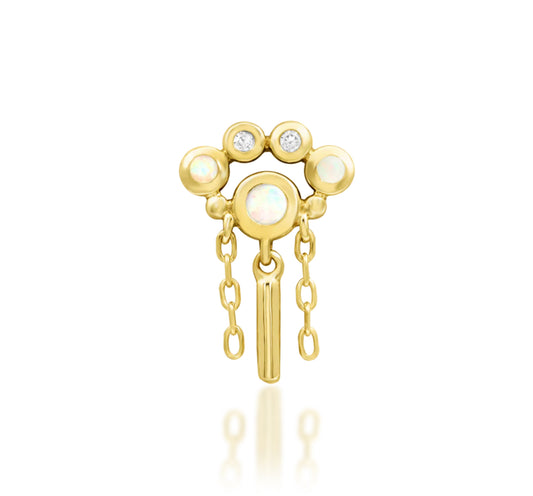 Junipurr Aurora solid 14k yellow gold opal threadless end with chain and bar dangles, front product view.
