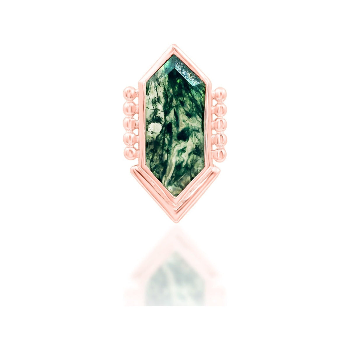 Junipurr Avalon solid 14k rose gold moss agate threadless end, front view.