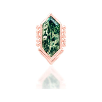 Junipurr Avalon solid 14k rose gold moss agate threadless end, front view.