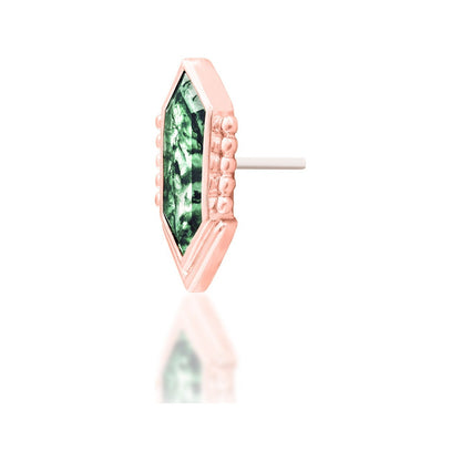 Junipurr Avalon solid 14k rose gold moss agate threadless end, angled view.