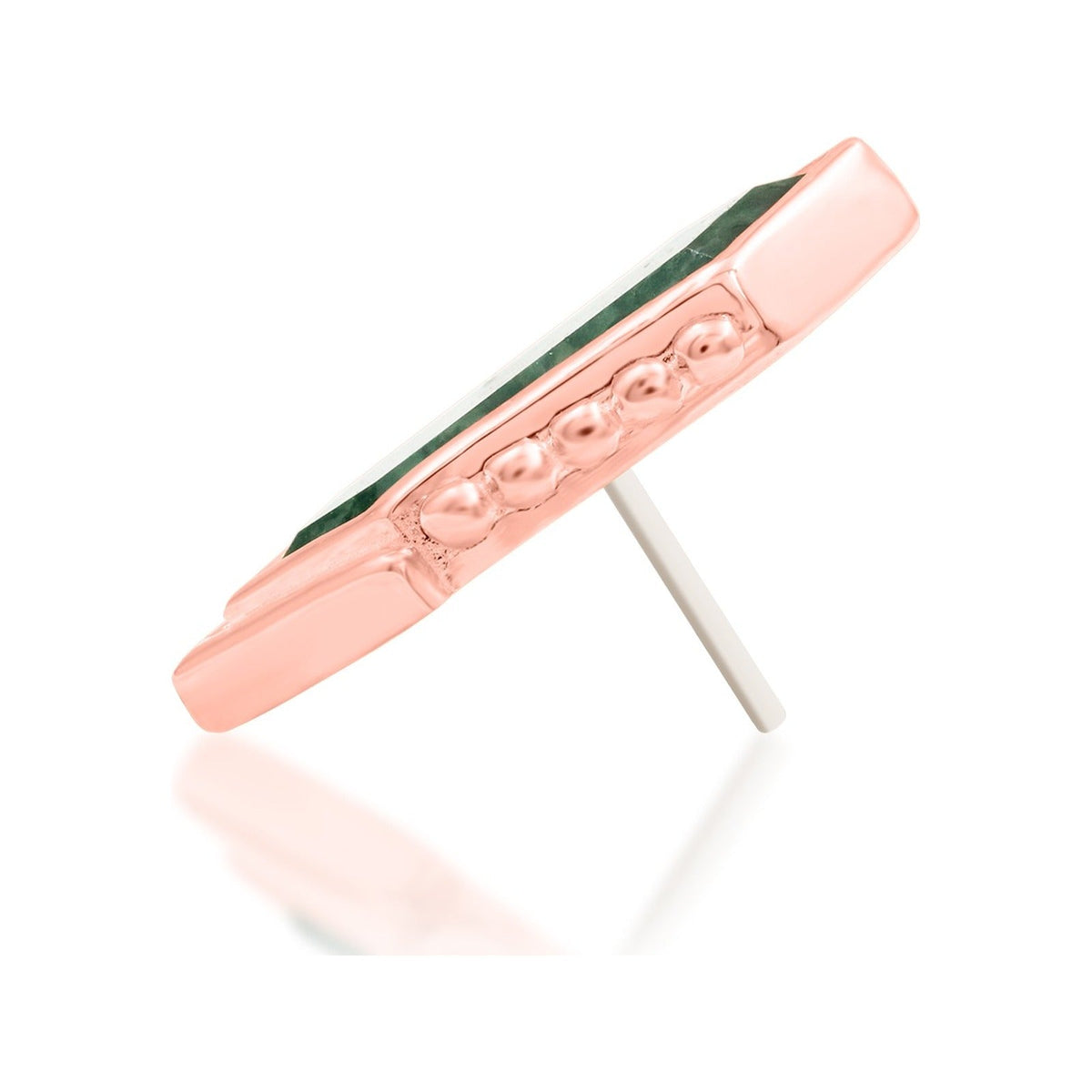 Junipurr Avalon solid 14k rose gold moss agate threadless end, side profile.
