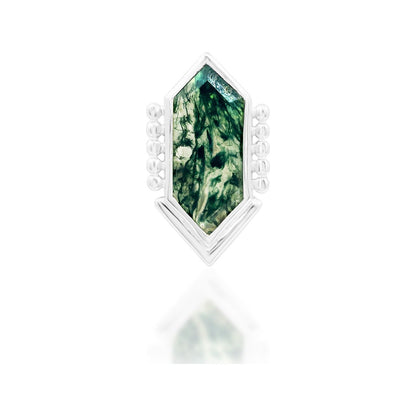 Junipurr Avalon solid 14k white gold moss agate threadless end, front view.