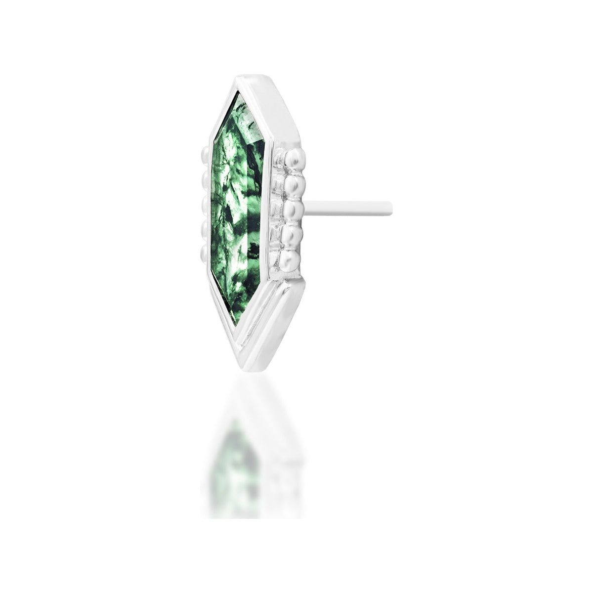 Junipurr Avalon solid 14k white gold moss agate threadless end, angled view.