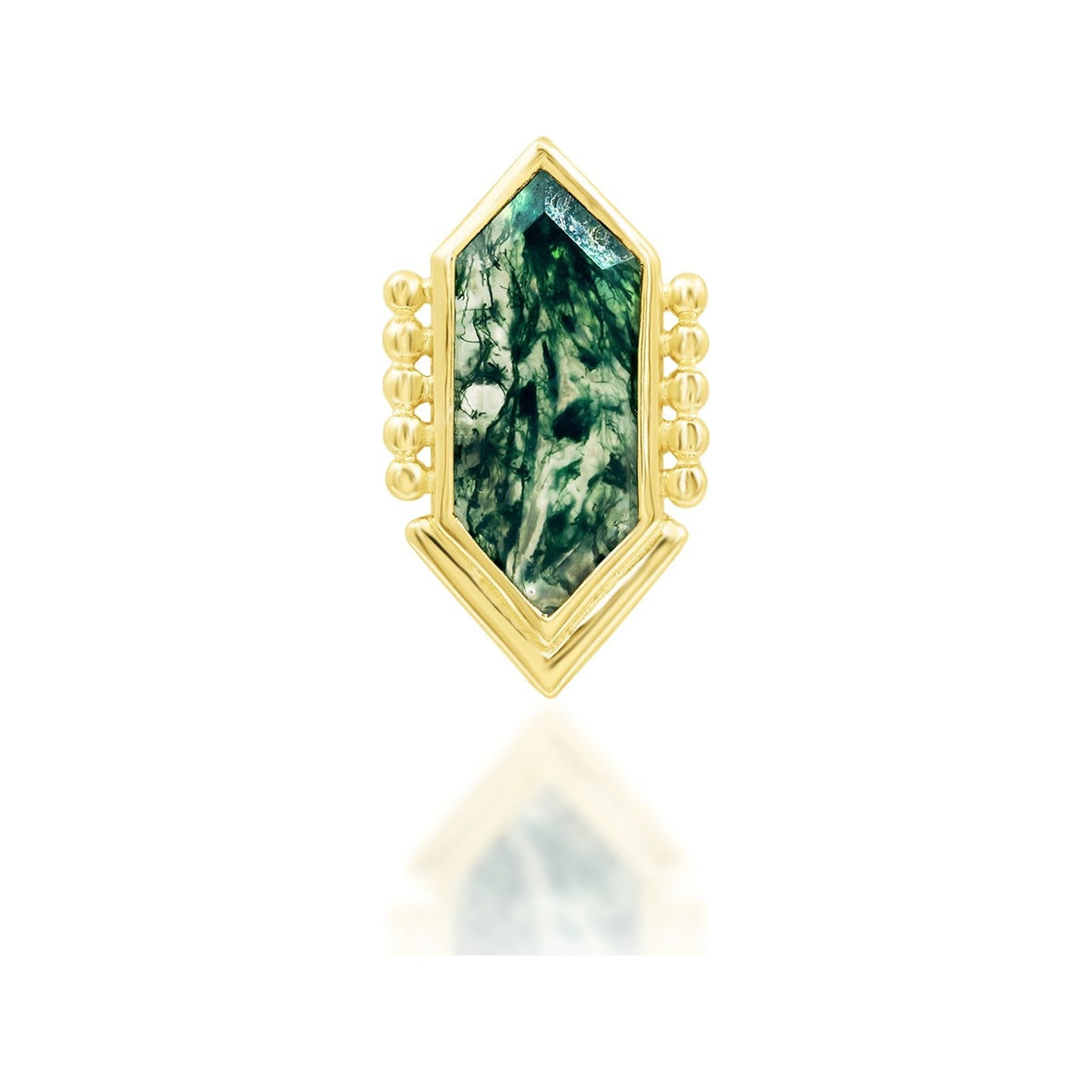 Junipurr Avalon solid 14k yellow gold moss agate threadless end, front view.