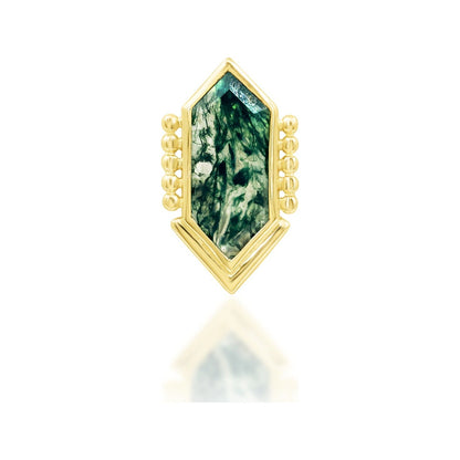 Junipurr Avalon solid 14k yellow gold moss agate threadless end, front view.