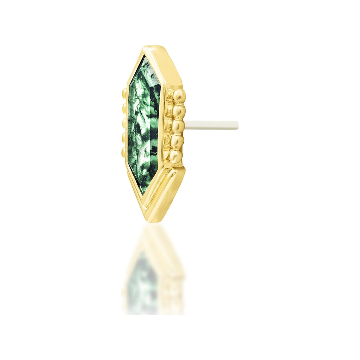 Junipurr Avalon solid 14k yellow gold moss agate threadless end, angled view.