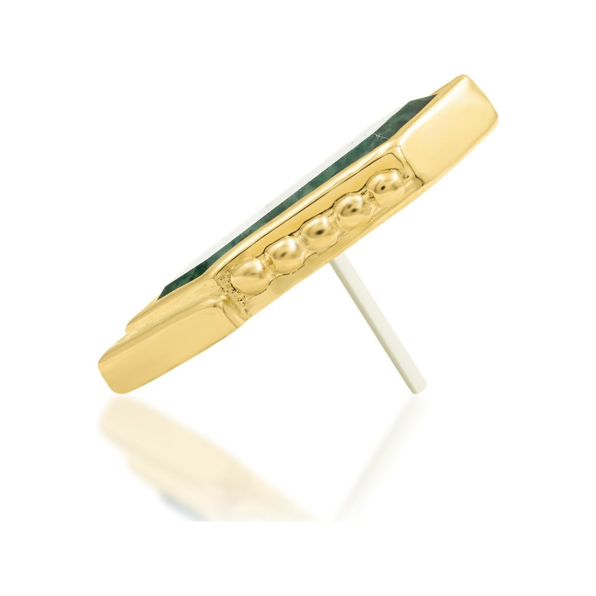 Junipurr Avalon solid 14k yellow gold moss agate threadless end, side profile.