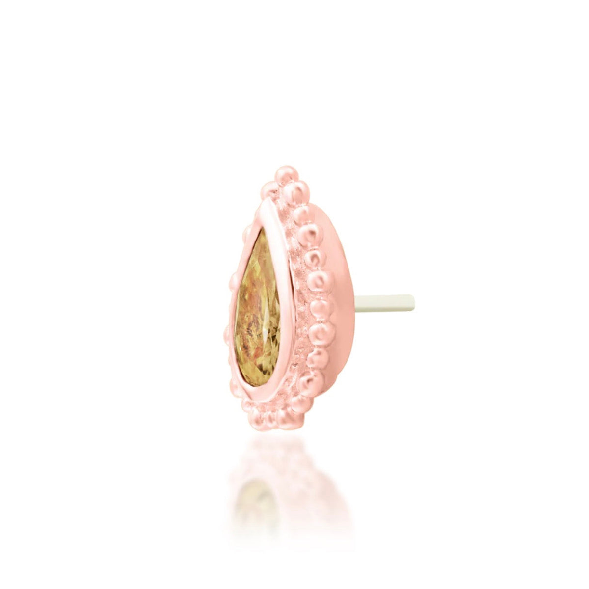 Junipurr Avani solid 14k rose gold pear-cut Champagne CZ threadless end, angled view.