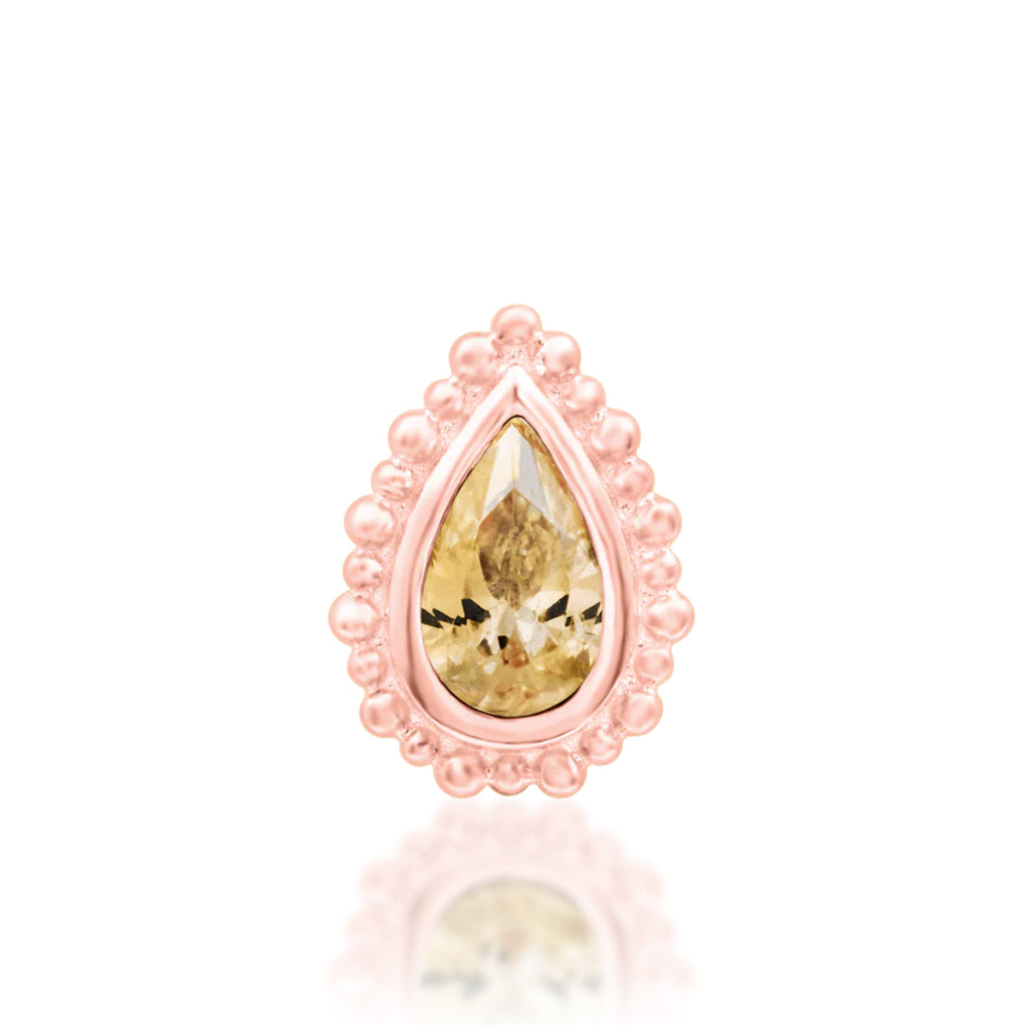 Junipurr Avani solid 14k rose gold pear-cut Champagne CZ threadless end, front view.