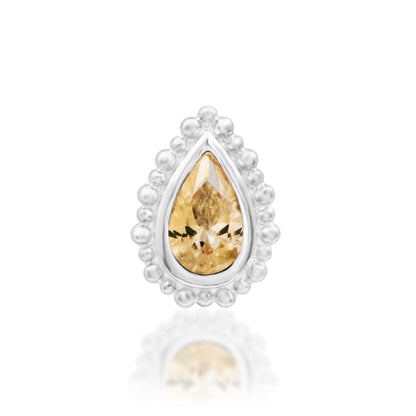 Junipurr Avani solid 14k white gold pear-cut Champagne CZ threadless end, front view.
