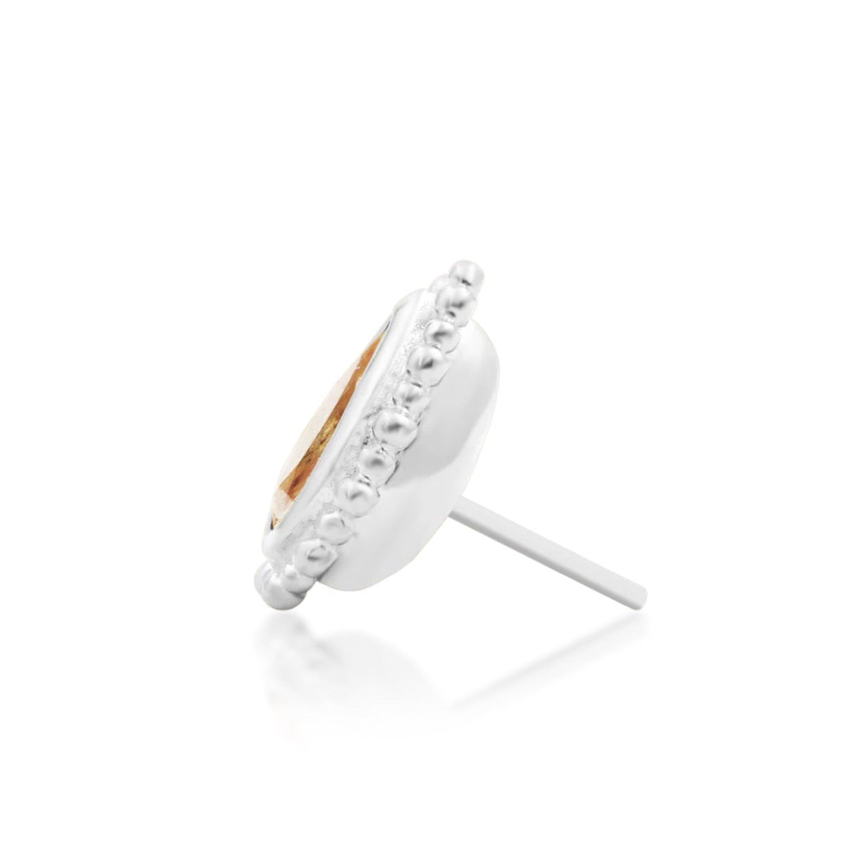Junipurr Avani solid 14k white gold pear-cut Champagne CZ threadless end, side profile.