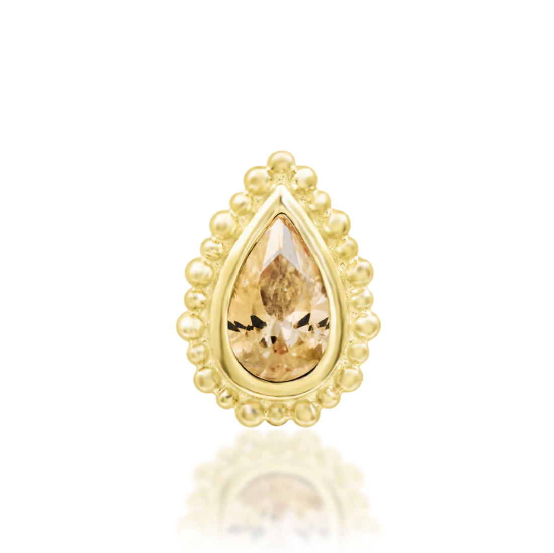 Junipurr Avani solid 14k yellow gold pear-cut Champagne CZ threadless end, front view.
