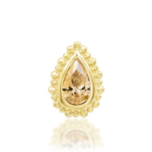 Junipurr Avani solid 14k yellow gold pear-cut Champagne CZ threadless end, front view.