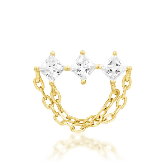 Junipurr Azriel solid 14k yellow gold 14G internally threaded chain earring with White CZ, front view.