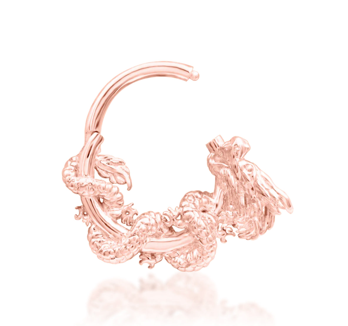 Junipurr Azure solid 14k rose gold dragon clicker ring, angled view.
