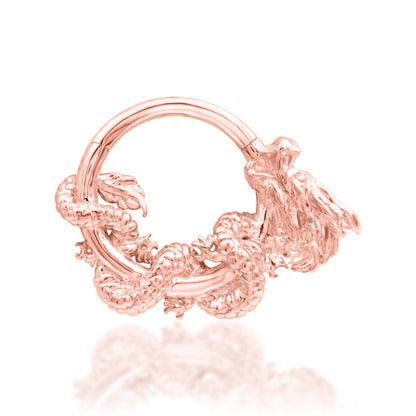 Junipurr Azure solid 14k rose gold dragon clicker ring, front view.