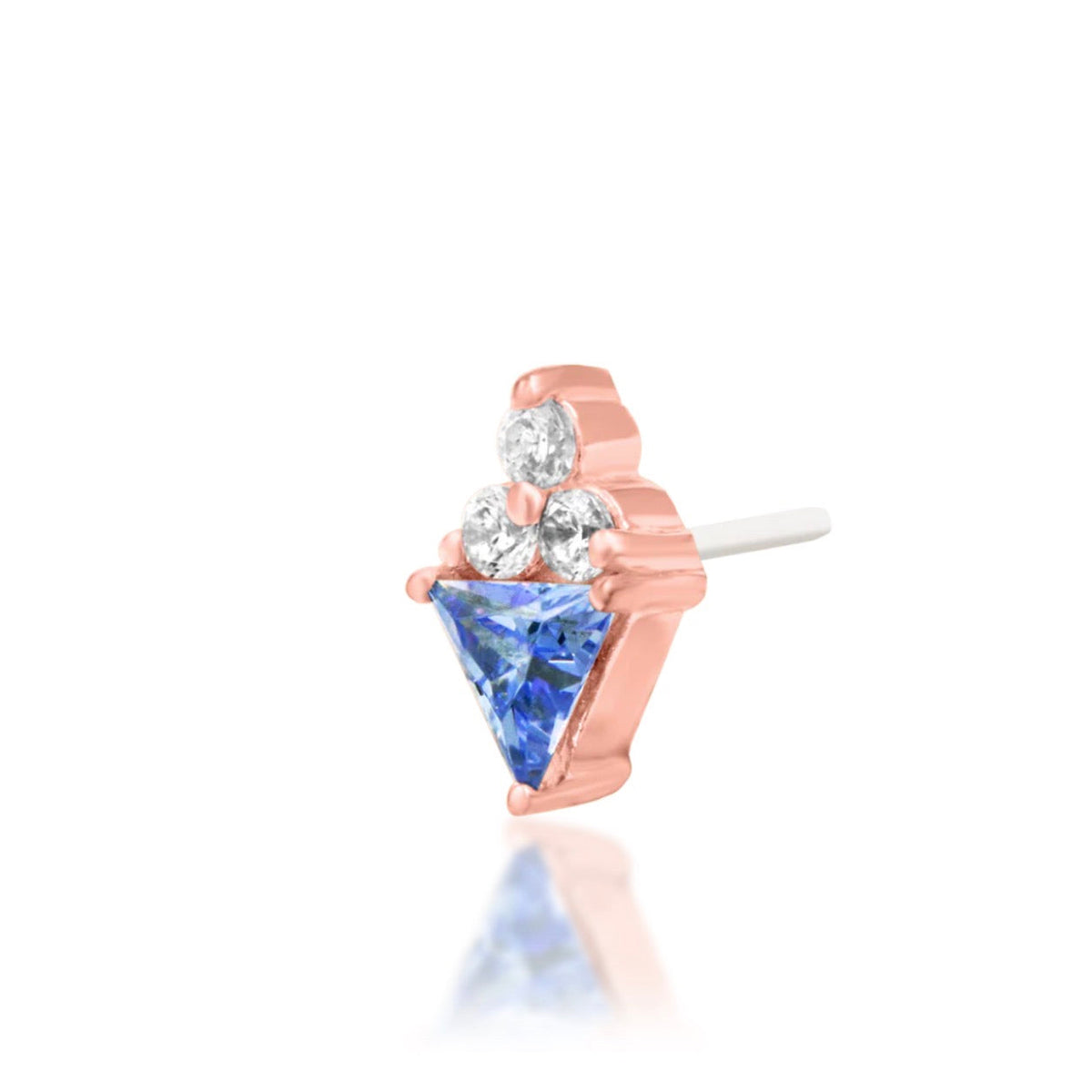 Junipurr Bahati solid 14k rose gold Light Tanzanite CZ and White CZ threadless end, angled view.