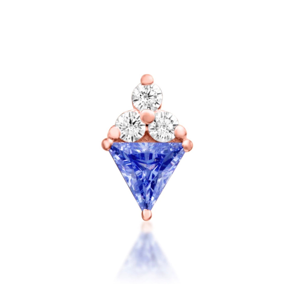 Junipurr Bahati solid 14k rose gold Light Tanzanite CZ and White CZ threadless end, front view.