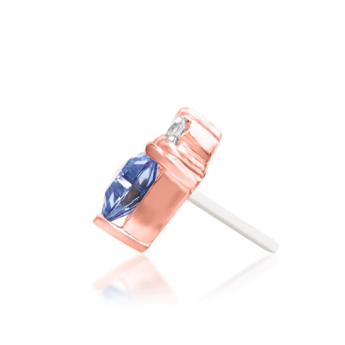 Junipurr Bahati solid 14k rose gold Light Tanzanite CZ and White CZ threadless end, side profile.