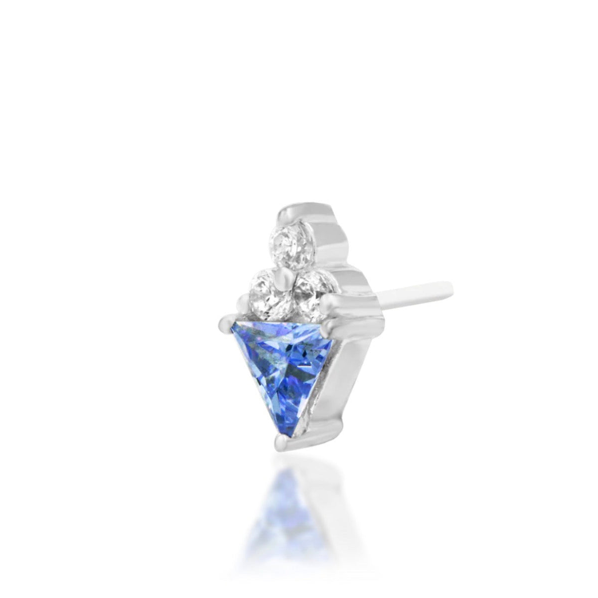 Junipurr Bahati solid 14k white gold Light Tanzanite CZ and White CZ threadless end, angled view.