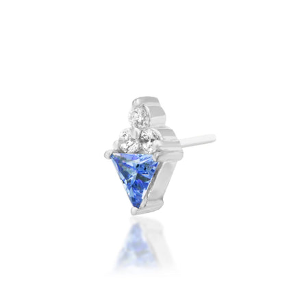Junipurr Bahati solid 14k white gold Light Tanzanite CZ and White CZ threadless end, angled view.