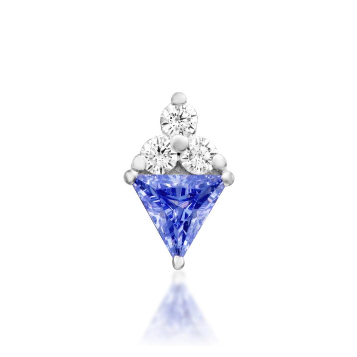 Junipurr Bahati solid 14k white gold Light Tanzanite CZ and White CZ threadless end, front view.