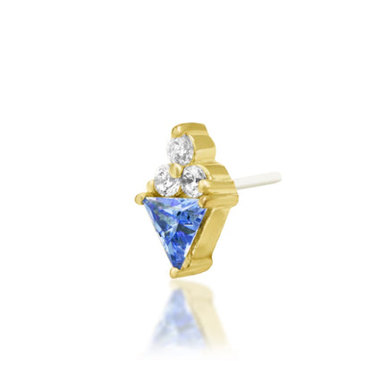 Junipurr Bahati solid 14k yellow gold Light Tanzanite CZ and White CZ threadless end, angled view.