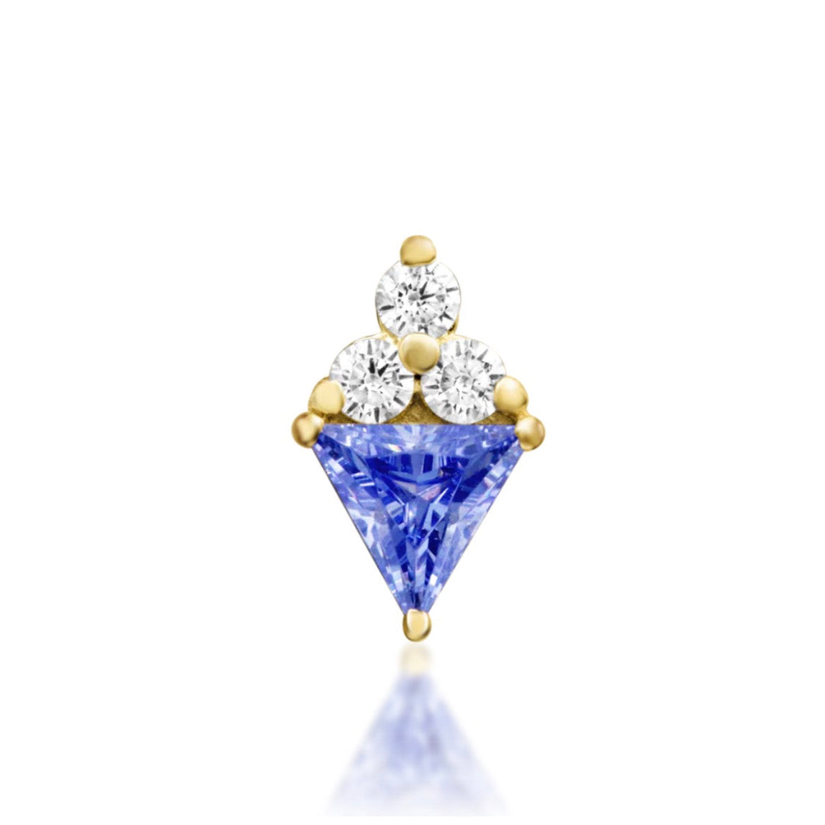 Junipurr Bahati solid 14k yellow gold Light Tanzanite CZ and White CZ threadless end, front view.
