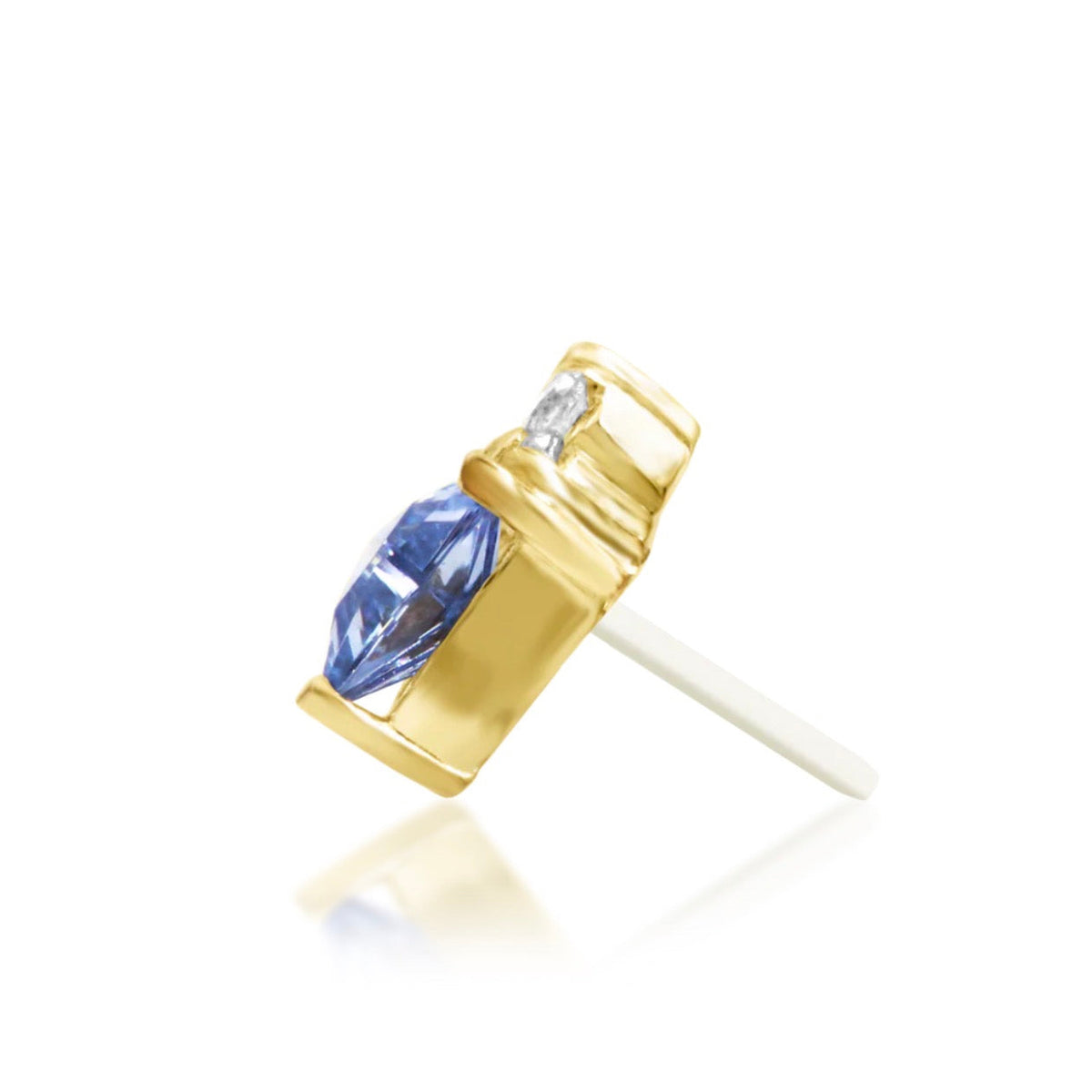 Junipurr Bahati solid 14k yellow gold Light Tanzanite CZ and White CZ threadless end, side profile.