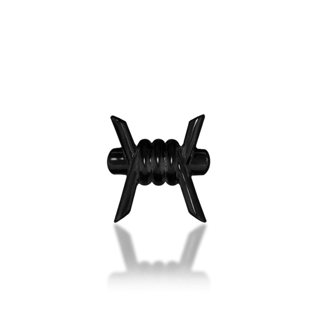 Junipurr Barb-ara solid 14k gold black-rhodium barbed-wire threadless end, front view.