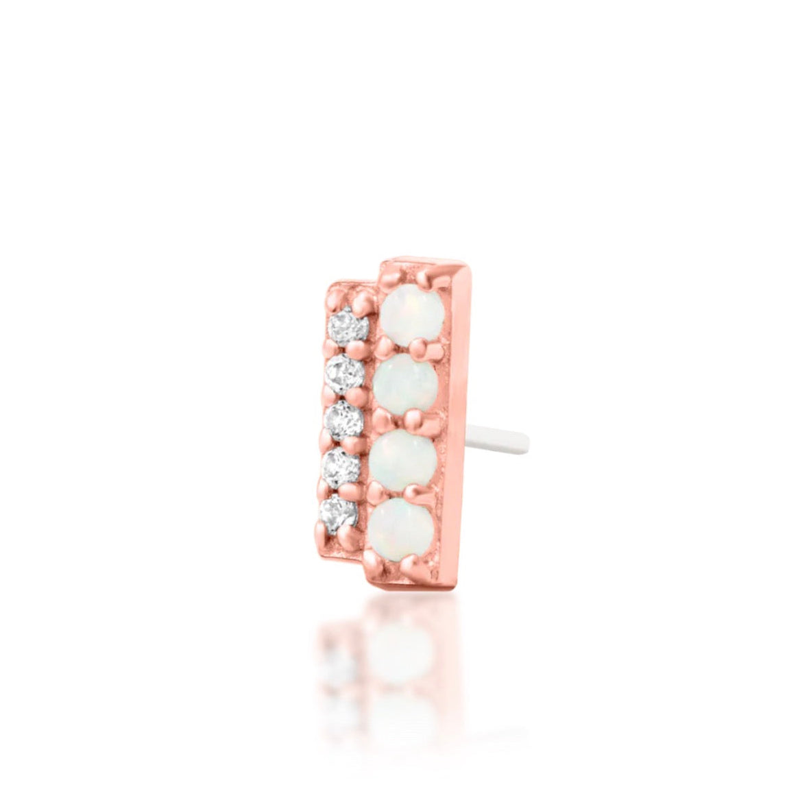 Junipurr Bartlett solid 14k rose gold opal and White CZ threadless end, angled view.